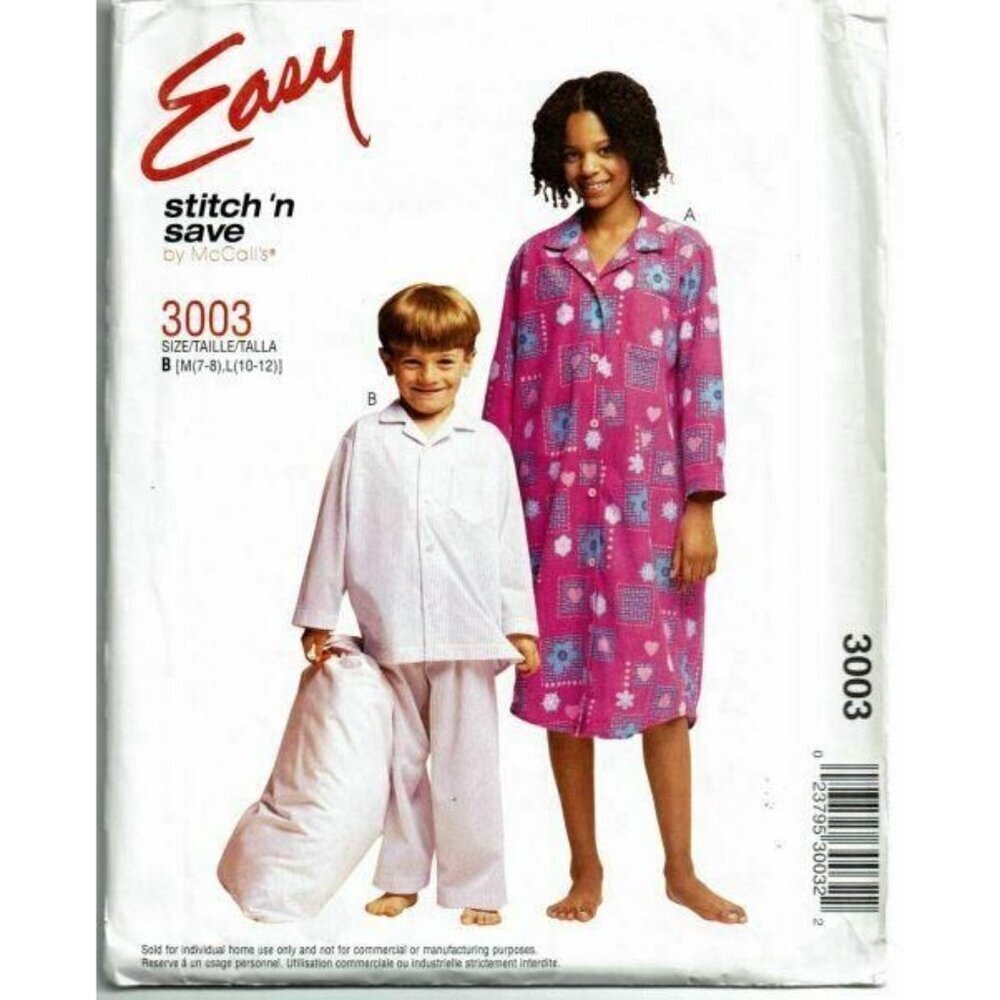McCalls Stitch N Save 3003 Pajama‎ Sewing Pattern Child Unisex Size M-L